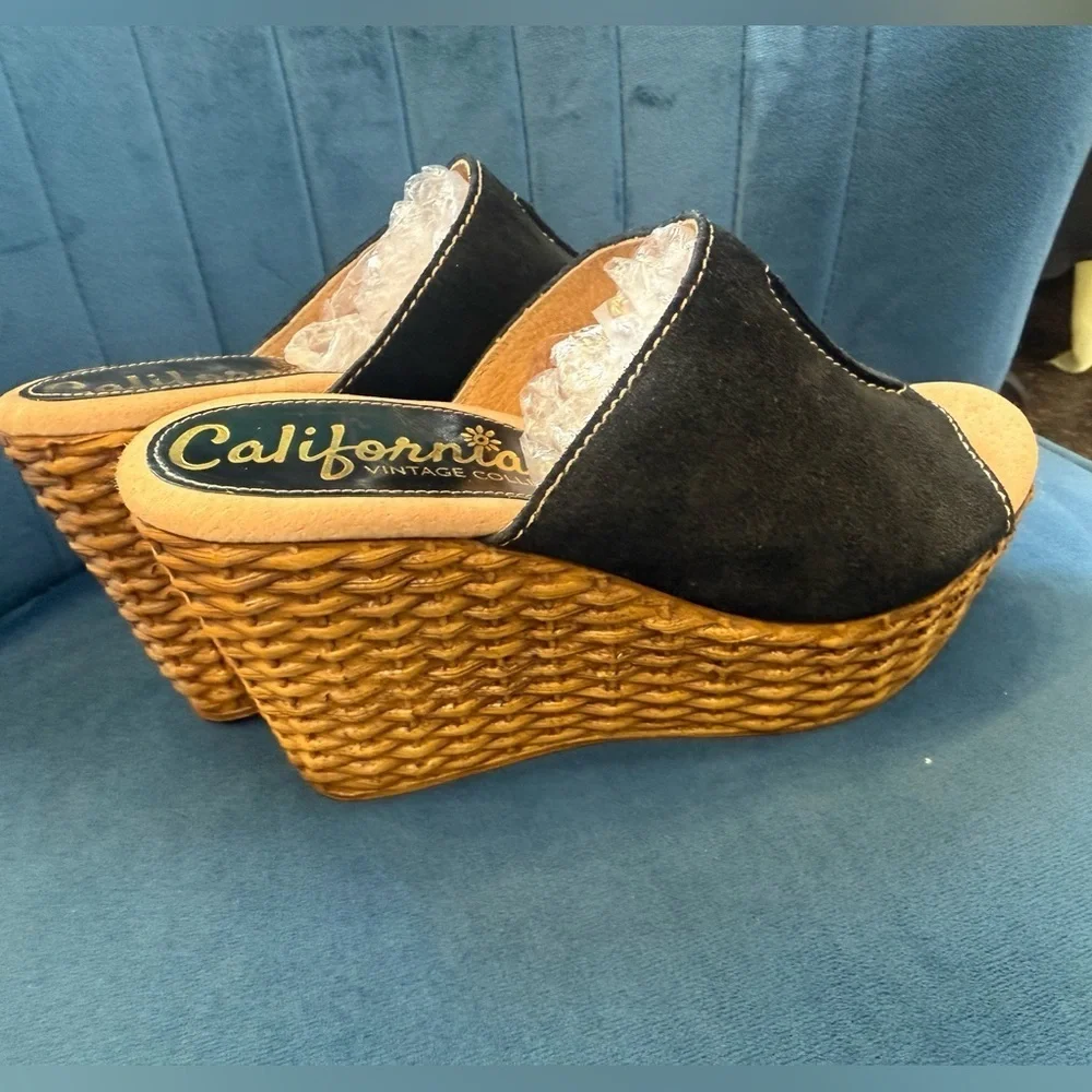 Vintage Californians Black Suede Wedge Sandals Woven Heel NWOT Size 7